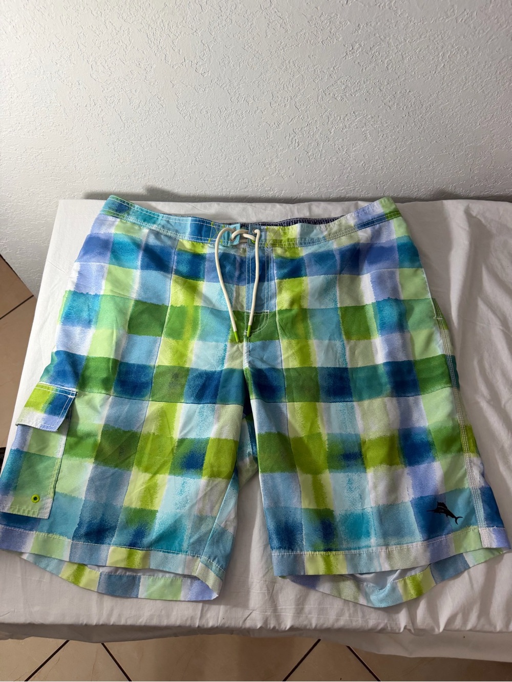 Tommy Bahama Blue, Green & White Plaid Swim Board Shorts